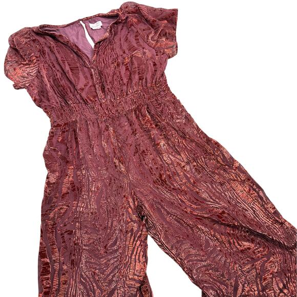 Anthropologie The Somerset Jumpsuit Velvet Burnout Edition Burgundy 2X Flowy - Picture 2 of 16